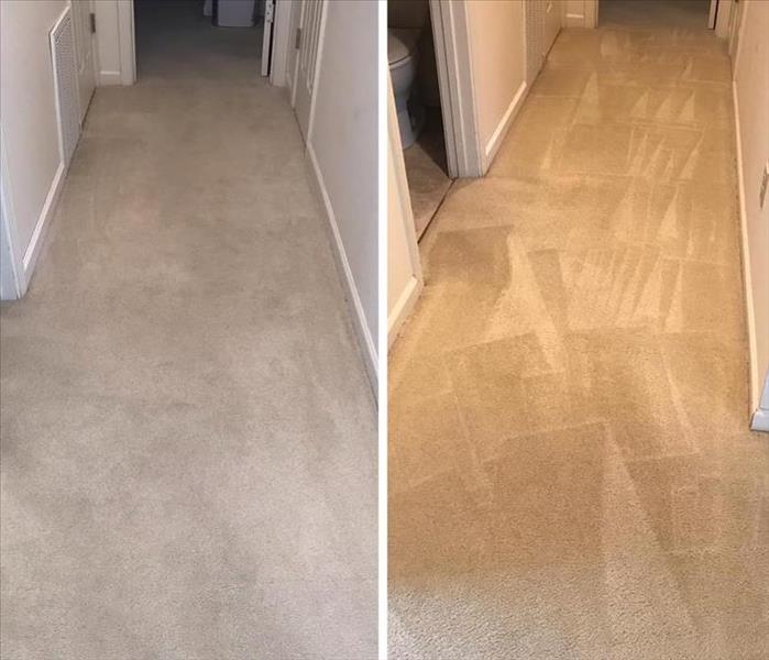white carpet with dirt stains on the left and improved appearance and color on the right 