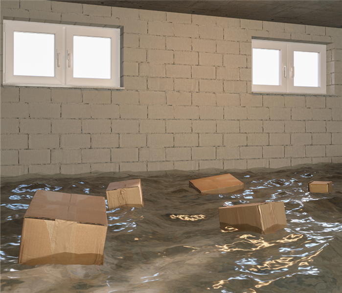 boxes floating in water in basement